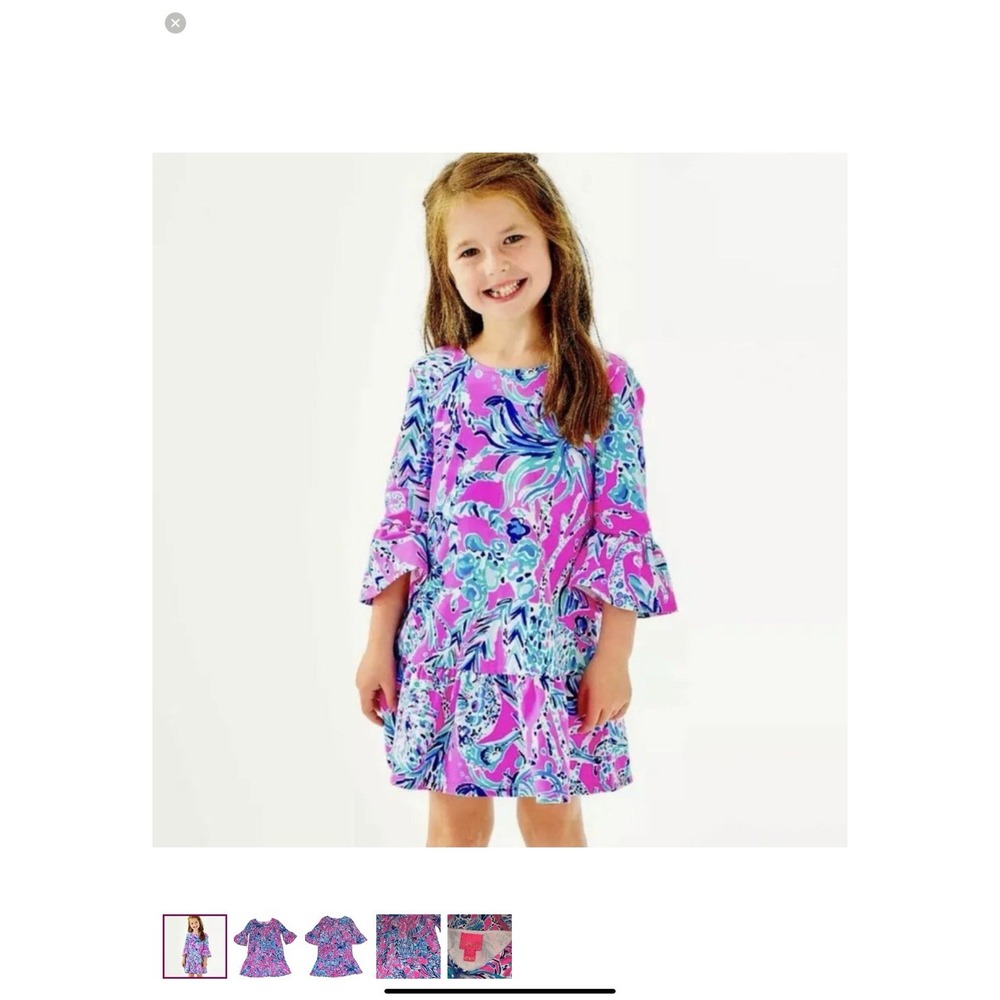 Lilly Pulitzer Sorrento Dress "Kids on the Dock" Girls Large (8-10) Bell Sleeves